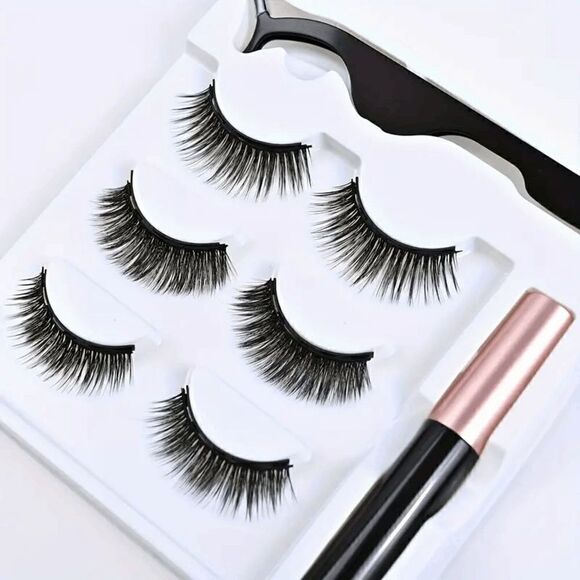 Magnetic Reusable False Eyelashes With Eyeliner And Tweezers - 3 Pairs - Picture 1 of 8